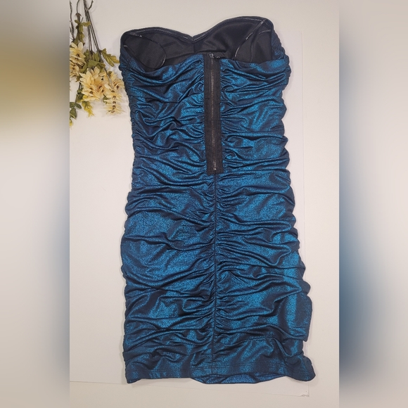 ❤️FOREVER 21 STRAPLESS ROUCHED SPARKLE TURQUOISE BLUE DRESS.SIZE :M - Picture 3 of 10